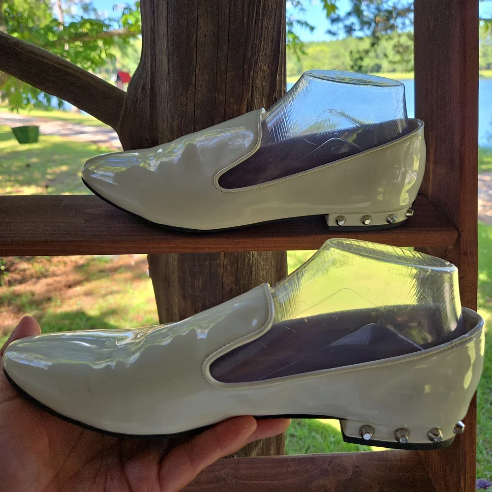 Marc Fisher Abree2 Cream Patent Leather Silver Studded Smoking Shoe